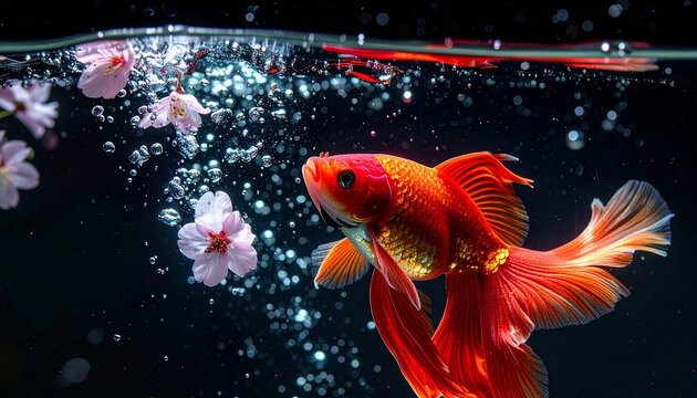 和食レストランのメニューや夏のキャンペーンを艶やかに彩る、水中に舞う桜と金魚の幻想的な背景