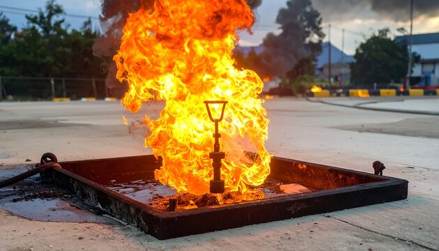 A large pillar of fire erupts from a square pit, flames consuming the structure against a dusky backdrop
