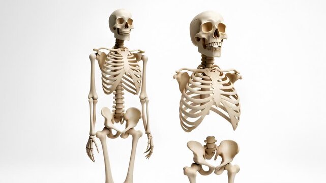 Anatomical Human Skeleton Models on White Background, Front and Torso Views