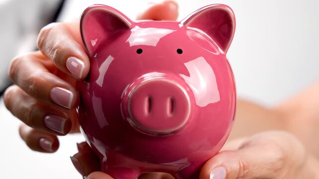 Cinematic close-up of a human hand holding a glossy pink piggy bank against a clean white background, soft studio lighting reflecting on the ceramic surface, slow camera push-in