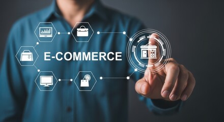 Fototapeta premium Hand of Person Touching E commerce Digital Interface and Shopping Icons for Online Retail Business Concept