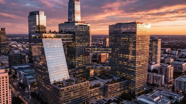Modern city skyscrapers with sky bridges during golden hour sunset