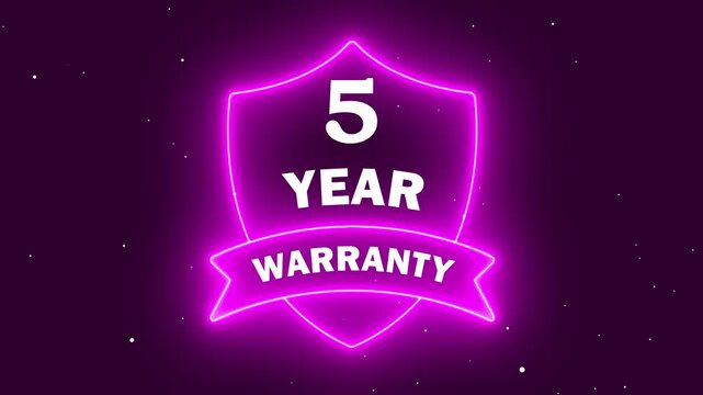 Glowing purple neon 5 year warranty shield badge on a dark background. Five year product guarantee and customer protection symbol for retail and service marketing.