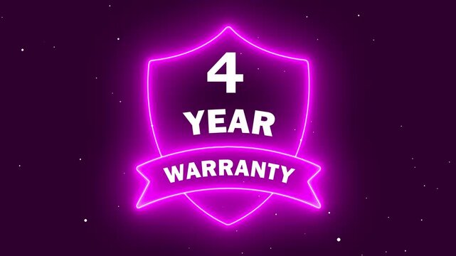 A vibrant purple neon shield design featuring a four year warranty text emblem. This glowing graphic is perfect for product quality assurance and retail promotion materials.