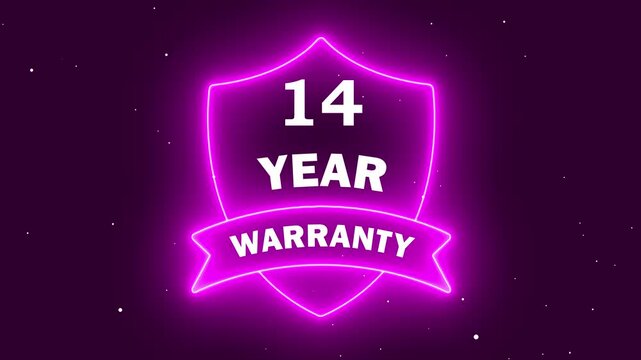 A vibrant purple neon shield icon showcasing 14 year warranty text, representing long term protection, durability, and reliable customer service for various commercial products and business branding.