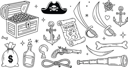 Set of pirate adventure icons featuring treasure chest map anchors swords and skull hat in black and white line art style for coloring. © ABDUL HAKIM