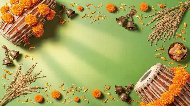 Happy Bohag Bihu festival celebration background with bihu dhol and marigold