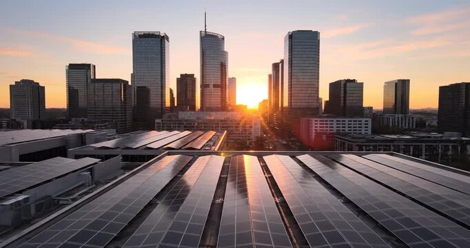 City Skyline at Sunset with Solar Panels.
