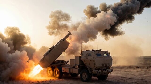 Military vehicle launches missile in desert terrain. Explosive fire and thick smoke billow into the air. Sunlight glows behind the plume, casting warm tones. No people visible