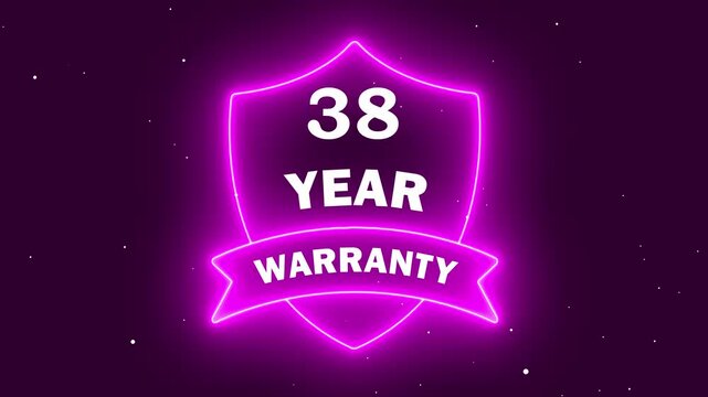 Glowing Neon Pink Shield Icon Displaying 38 Year Warranty Text on a Dark Background, Professional Quality Assurance and Customer Satisfaction Badge for Product Longevity