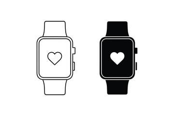 Vector illustration of two smartwatches with heart rate symbols on screen, one in black and white outline, modern wearable technology for fitness and health tracking, isolated on white background.