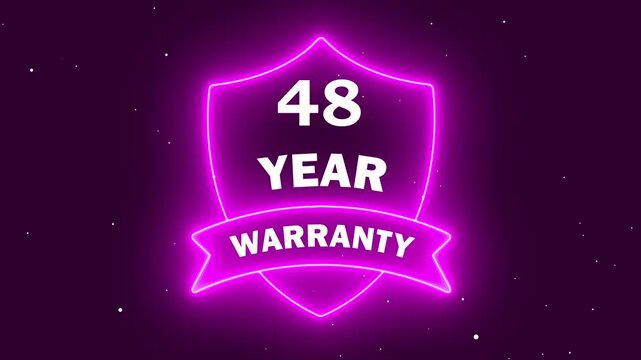 A vibrant purple neon shield graphic highlighting a 48 year warranty label against a dark, starry background, ideal for business trust, product guarantees, and marketing promotional materials.