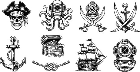 Vintage Pirate and Nautical Symbols Collection Skull Anchor Ship Vector Set © ABDUL HAKIM