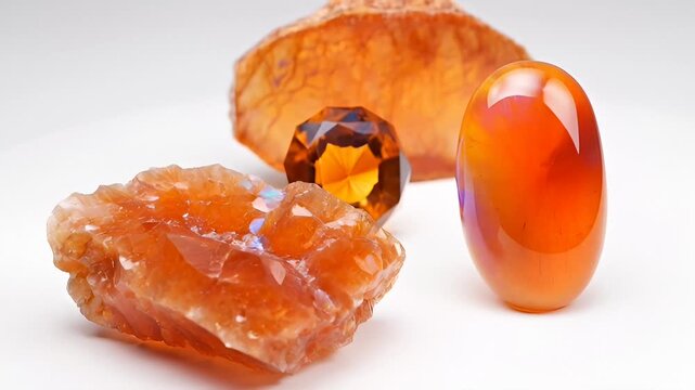 Close-Up of Assorted Orange Gemstones and Crystals on a White Background