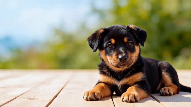 Adorable black and tan Rottweiler puppy lying on wooden deck, looking curiously at camera, sunny outdoor setting with soft bokeh background