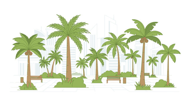 Flat illustration of multiple palm trees on small grassy mounds against a white background with subtle gray grid lines.