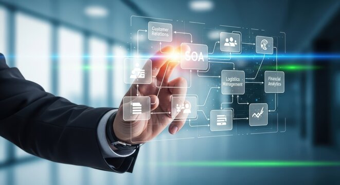 Hand of Business Man Operating Virtual Business Process in Service Oriented Architecture Approach for Technology