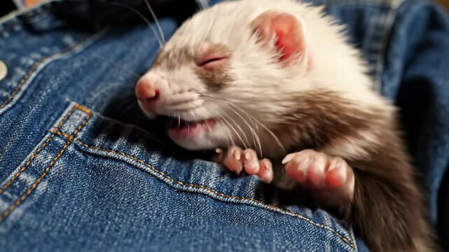 Cute ferret sleeping peacefully in a denim shirt pocket.