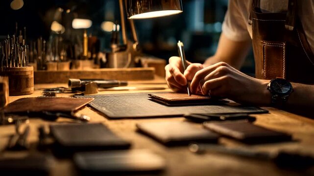 Artisan crafting leather wallets in a workshop setting