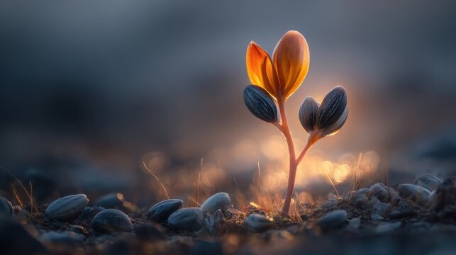 A young seedling with glowing leaves emerging from the earth, symbolizing new beginnings and growth.
