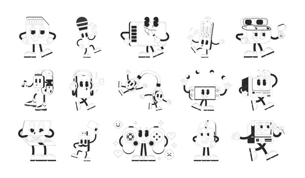 Outline groovy technology mascot characters set. Audio and computer devices. Gaming. Anthropomorphic gadgets in rubber hose style. Black and white vector illustration. Funky vibe personage collection