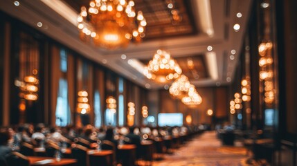 Naklejka premium Elegant event hall interior with chandeliers and soft lighting backdrop
