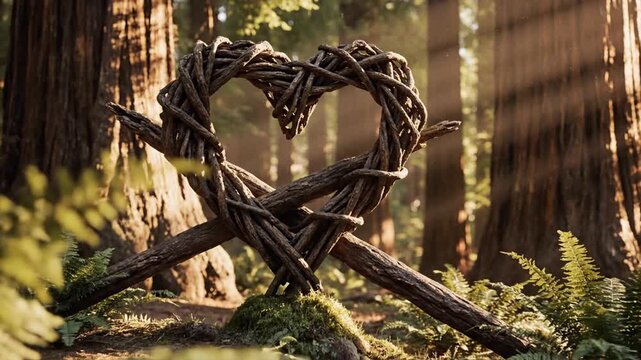 A heart shaped wooden sculpture made of intertwined branches stands in a serene forest surrounded by tall trees and lush greenery.