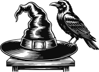 Fototapeta premium Witch hat with buckle and perched raven bird on wooden table halloween spooky illustration