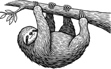 Fototapeta premium Black and white sloth hanging from tree branch detailed animal illustration of slow mammal in nature