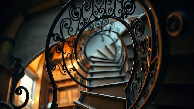 telex. Close-up of an ornate wrought-iron spiral staircase in an old library, leading upwards with soft light. real-estate listings.