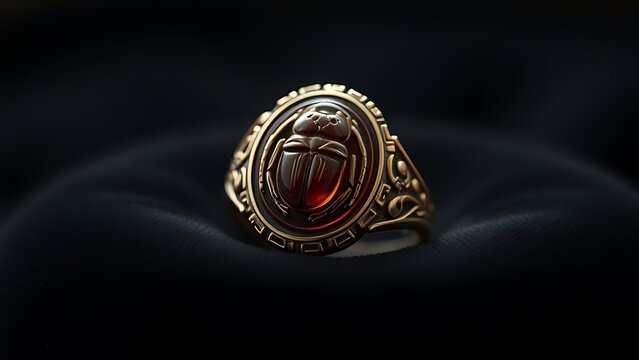 khepri. Ornate scarab beetle gemstone seal ring on black velvet with detailed carving. wildlife magazines, conservation campaigns, designed for eco-tourism storytelling, used by recruiters.
