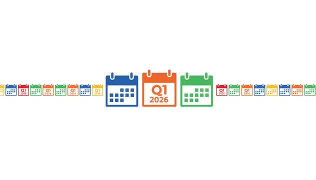 Ultra wide panoramic banner of colorful wall calendars. Flat vector illustration of Q1 2026 schedule and time management concept. Business planning and financial quarter background