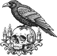 Fototapeta premium Gothic raven perched on human skull surrounded by burning candles intricate black and white design