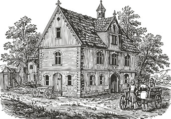 Obraz premium Vintage rural farmhouse with wooden cart and people, countryside traditional building sketch