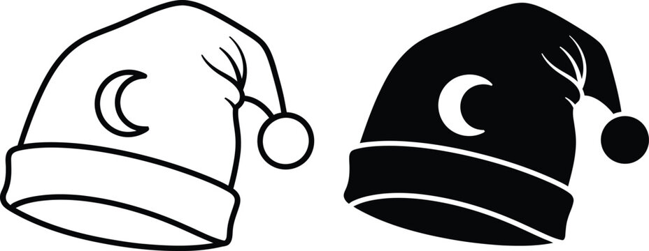 A minimalist depiction of two nightcaps one outlined and one solid both featuring a crescent moon and pompom detail high quality