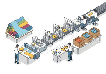 Obraz premium Clothing manufacturing process illustration showing textile production and garment assembly
