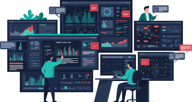 Cybersecurity team members monitoring and analyzing data on multiple screens and a dashboard in a collaborative workspace with a futuristic feel.