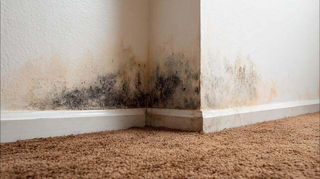 Mold growth is visible on the corner walls above the baseboard in a room with brown carpet flooring.