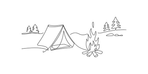 Camping in the woods with tent and campfire forest nature outdoor adventure travel campsite fire © Line Art