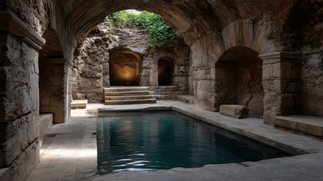 Ancient Roman bath with underground pool, marble and stone walls, arches and water in the pool, with natural light. Photorealistic photography in documentary style.
