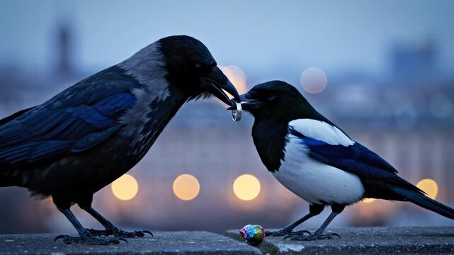 Two birds sharing a treat on a rooftop at dusk.