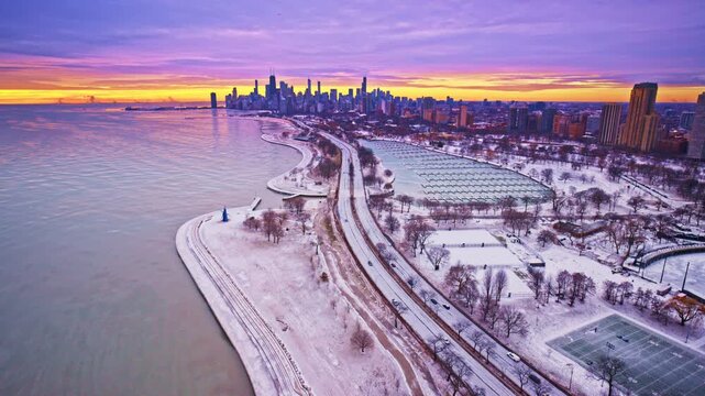 Cinematic drone shot of Chicago's loop in winter at dawn