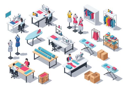 A detailed isometric illustration showcasing a comprehensive sewing and tailoring workshop setup