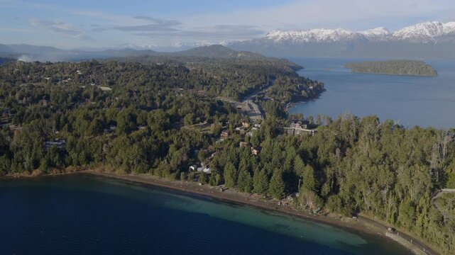 Villa La Angostura forested peninsula along Nahuel Huapi Lake in National Park Neuquen Province Patagonia Argentina within the North Patagonian Andes temperate Nothofagus forest, orbiting shot