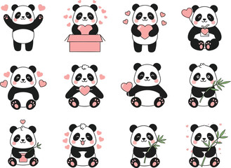Obraz premium adorable panda illustrations depict playful scenes with hearts gifts and bamboo creating a sweet and charming visual collection high quality professional