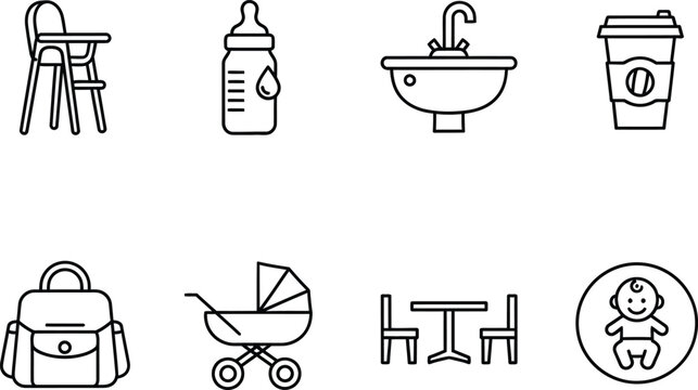 a collection of simple line icons depicting baby essentials such as a stroller bottle and changing table representing childcare high quality