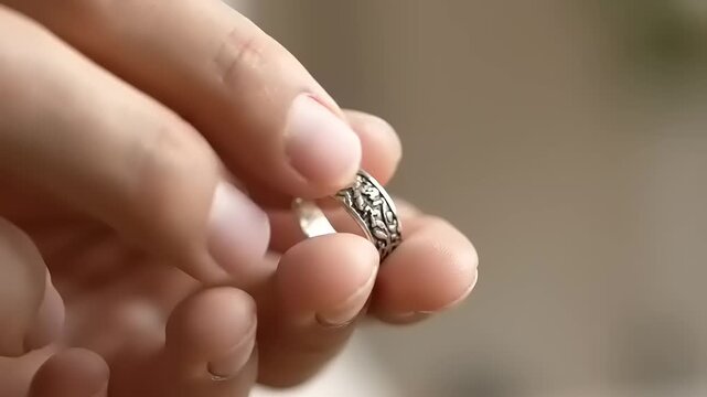 Close up of a hand holding a silver ring with intricate design.