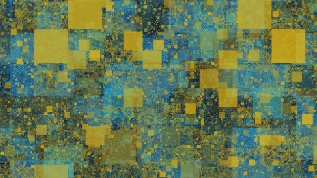 Abstract digital glitch background animation, gold teal squares overlapping, loopable complex pixelated texture