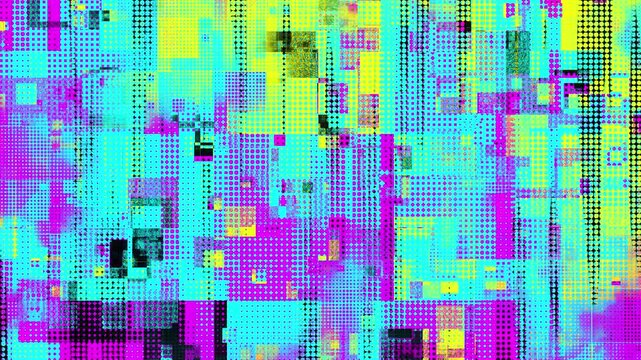 CMYK digital glitch art, vibrant neon colors, abstract pixelated pattern, loopable print error background animation