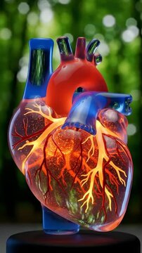 Intricate Glass Artistry: A Stunning Representation of the Human Heart Captured in Two Frames, Highlighting the Detailed Structure and Vivid Colors of the Piece